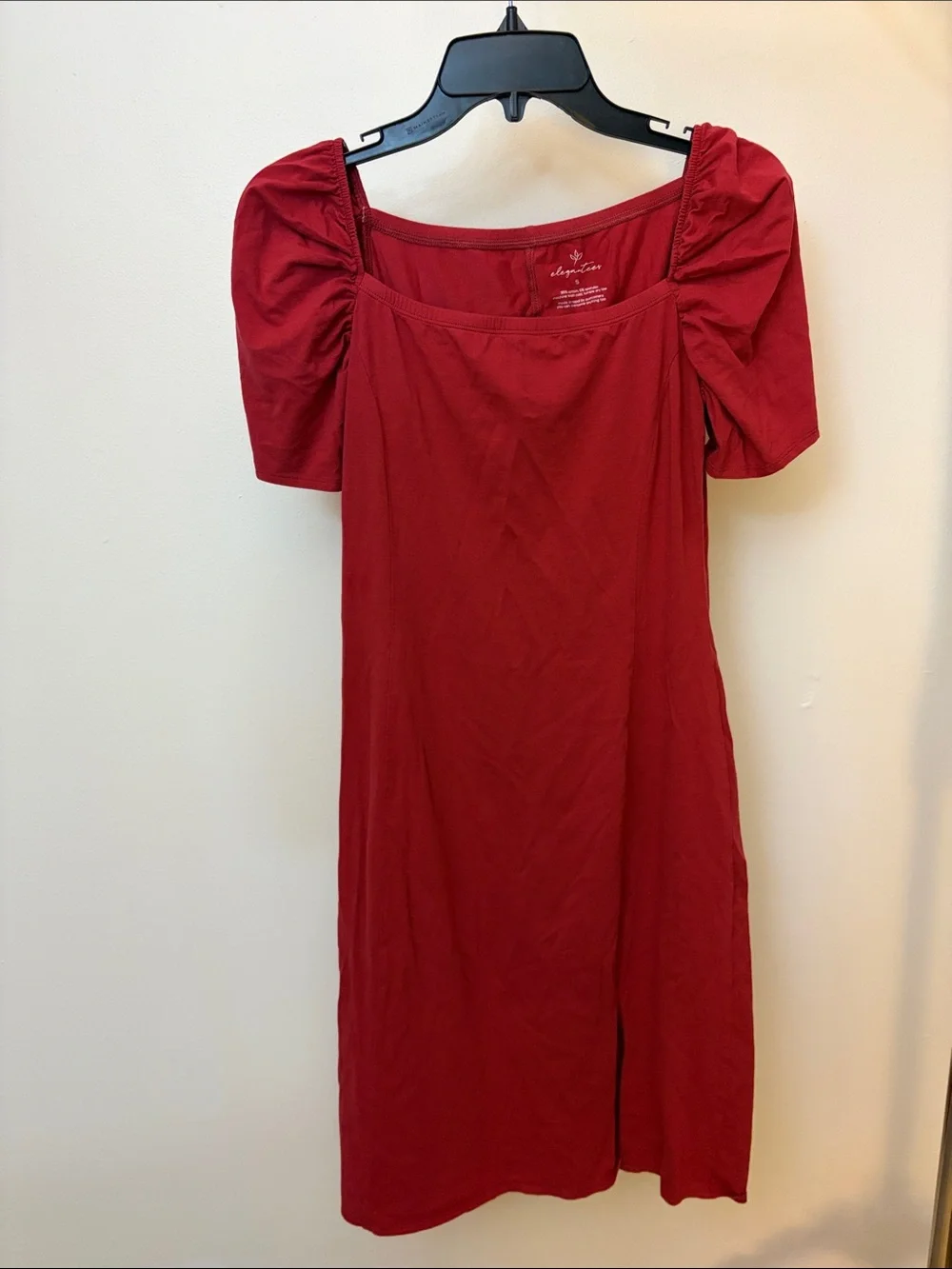 Puff-Sleeve Square Neck Midi Dress in Red